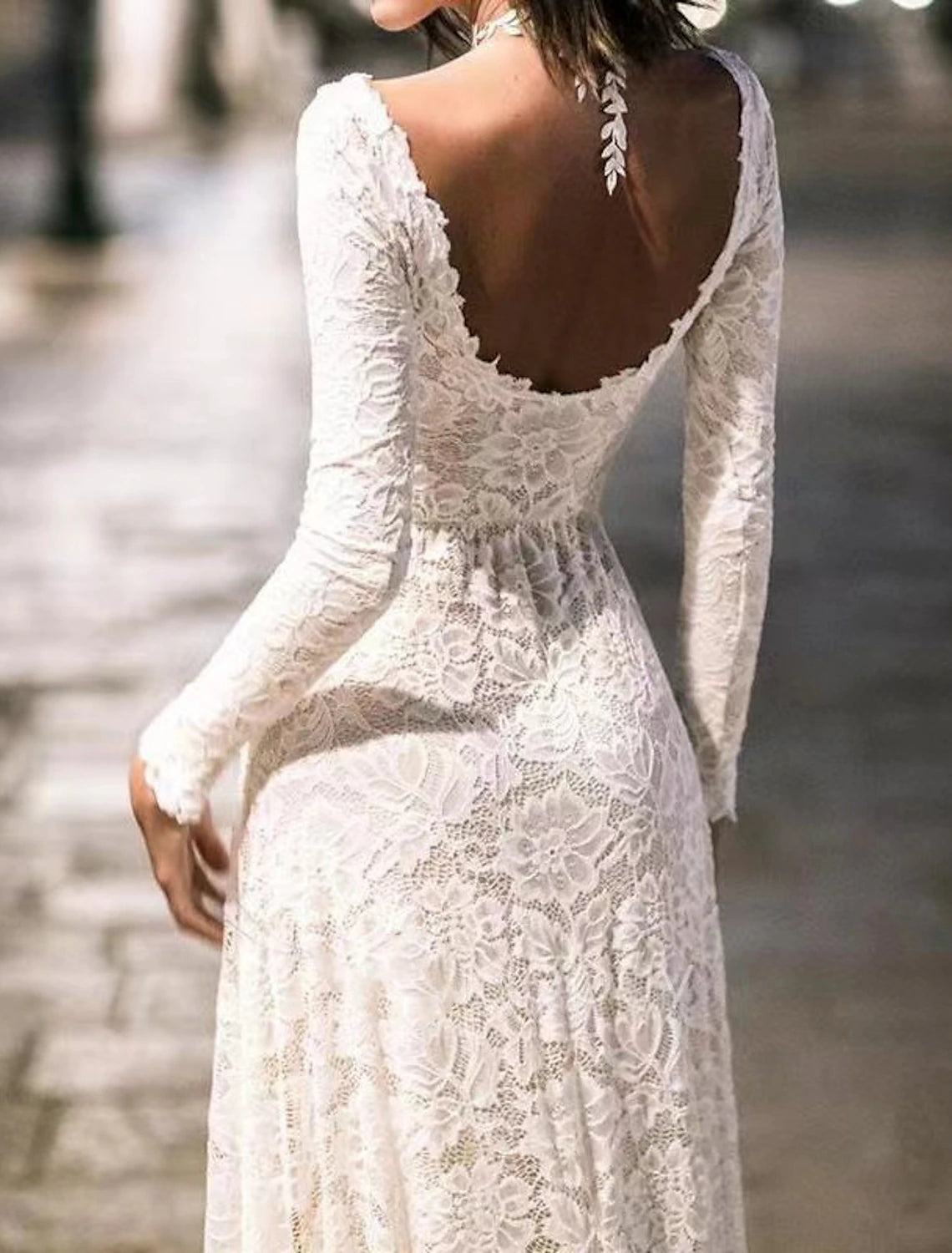 Wholesale A-Line Evening Gown Open Back Dress Formal Wedding Party Dress Sweep / Brush Train Long Sleeve Jewel Neck Lace with Appliques